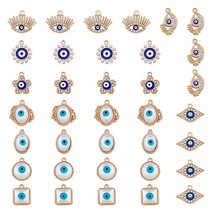 40Pcs 9 Style Alloy Enamel Pendants, with Rhinestone & Resin Imitation Cat Eye Cabochons, Mix-shaped