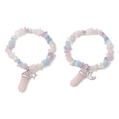 Conjunto de pulseras elásticas con chips de piedras preciosas mixtas naturales de estilo 2 piezas 2, Pulseras de pareja con dijes de aleación de luna y estrella