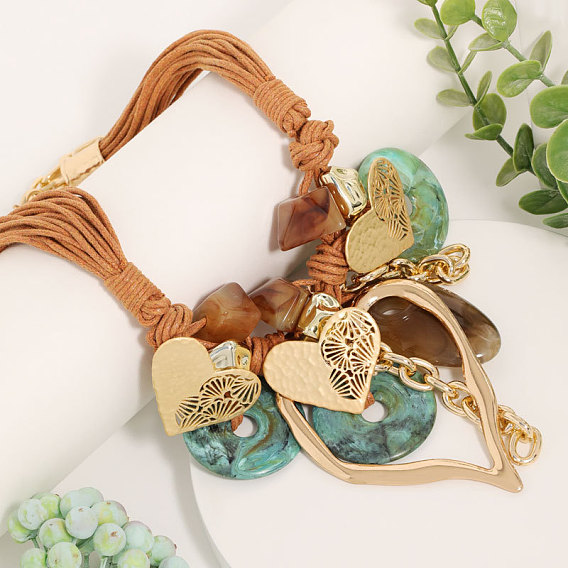 Многорядные вощеные шнуры-нагрудники в стиле бохо с подвеской в виде диска из сплава смолы в форме сердца для женщин, золотые