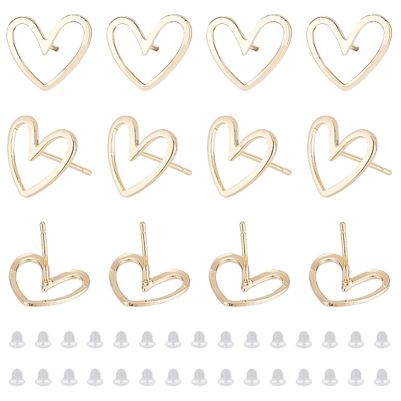 16шт. латунные серьги-гвоздики фурнитура, сердце, с 40 пластиковыми ушными гайками