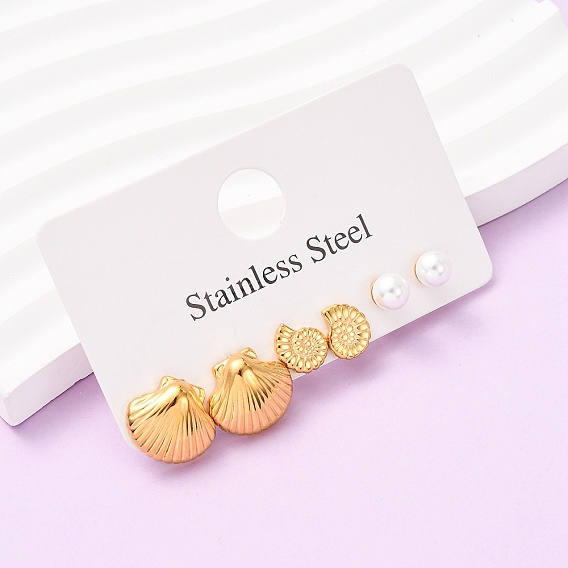 3 пары в форме ракушки 304 серьги-гвоздики из нержавеющей стали, с ABS имитации жемчуга, ионное покрытие (ip)
