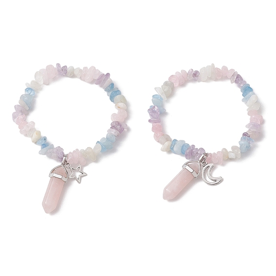 2Pcs 2 Style Natural Mixed Gemstone Chips Stretch Bracelets Set, Moon & Star Alloy Charms Couple Bracelets