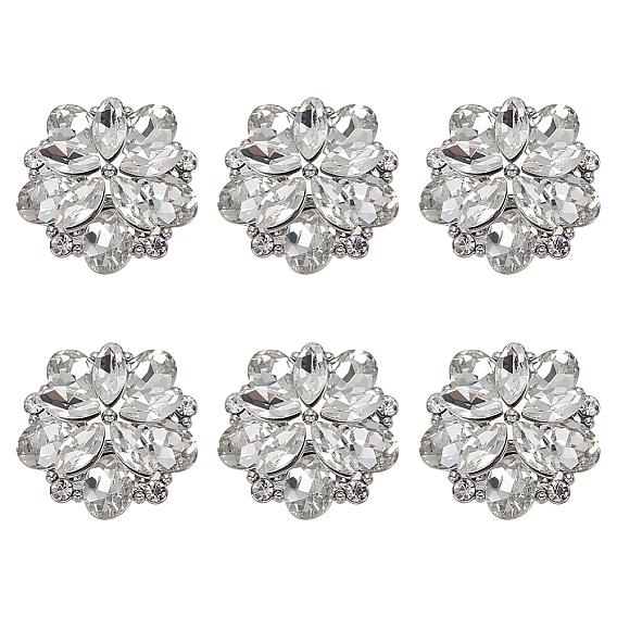 6 шт. стеклянные пуговицы со стразами на ножке, со сплавочной фурнитурой, 1-луночное, цветок