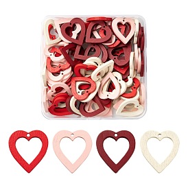 80Pcs 4 Colors Painted Poplar Wood Pendants, Valentine Theme, Heart