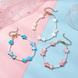 Браслеты из натуральных белых ракушек в форме звезды и стеклянного бисера для женщин, с 304 удлинителем цепи из нержавеющей стали