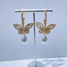 Fashionable luxury Clear Cubic Zirconia & Rhinestone Butterfly Stud Earrings, with Pearl