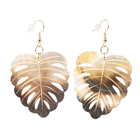 Natural Black Lip Shell Dangle Earrings, with Brass Earring Hooks and Plastic Ear Nuts, Tropical Theme, Monstera Leaf