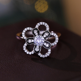 925 Bagues en argent sterling avec micro pavé de zircones cubiques pour femmes, fleur