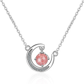 Strawberry Pink Crystal Moon Short Clavicle Chain Girl's Heart Inlaid Diamond Pendant.