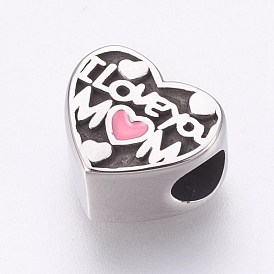 304 Stainless Steel European Beads, Large Hole Beads, with Enamel, Heart with Word I Love You Mum