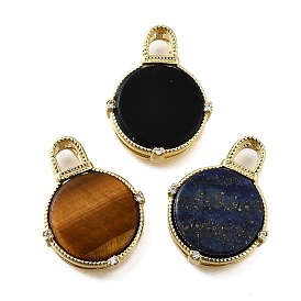 Brass Micro Pave Cubic Zirconia Pendants, with Lapis Lazuli/Yellow Tiger Eye/Black Agate, Flat Round Charms, Lead Free & Cadmium Free, Rack Plating, Long-Lasting Plated