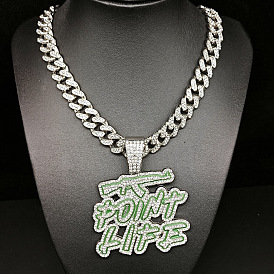 Подвеска в стиле хип-хоп из цинкового сплава, полностью покрытая кристаллами и стразами, эмаль, зеленая надпись «жизнь», кубинская цепочка для мужчин.