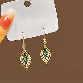 Luxury Green Leaf Earrings with Diamond Inlay for Spring Fashion