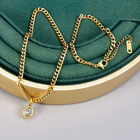 Овальные подвески из нержавеющей стали с прозрачным кубическим цирконием и комплекты браслетов-цепочек панцирного плетения