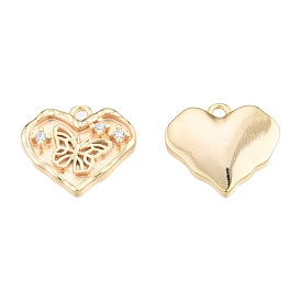 Brass Micro Pave Clear Cubic Zirconia Charms, Nickel Free, Heart with Butterfly