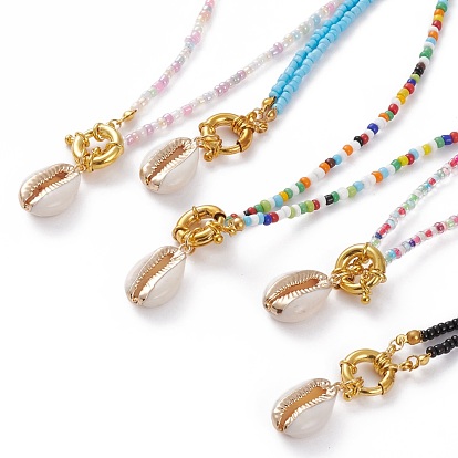 Electroplate Natural Cowrie Shell Pendant Necklaces, with Round Mixed Style Glass Seed Beads, Golden
