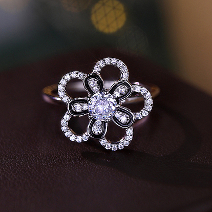 925 Bagues en argent sterling avec micro pavé de zircones cubiques pour femmes, fleur