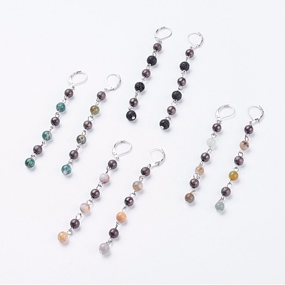 Cuentas de piedras preciosas naturales cuelgan aretes, con cuentas texturizadas de latón y aro de palanca de latón, Platino