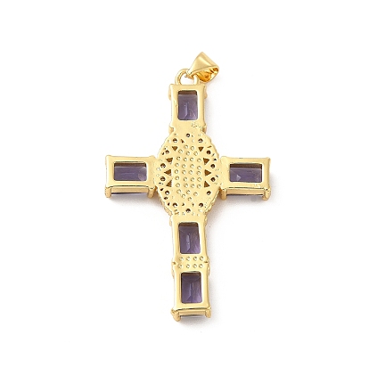 Rack Plating Brass Pendants, with Glass Cubic Zirconia, Religion Cross with Virgin Mary Charm, Cadmium Free & Lead Free, Long-Lasting Plated, Real 18K Gold Plated