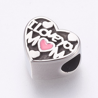 304 Stainless Steel European Beads, Large Hole Beads, with Enamel, Heart with Word I Love You Mum