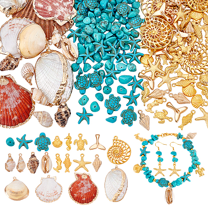 Подвески из ракушек и сплавов, синтетические бирюзовые бусины