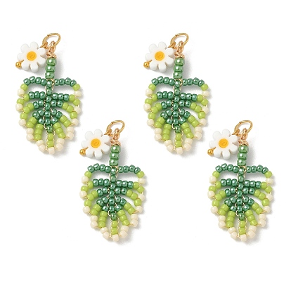 Подвески из стеклянных бусин в виде листьев, с открытыми пружинными кольцами из нержавеющей стали 304