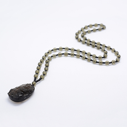 Glass Beaded Pendant Necklaces, with Natural Obsidian Pendants, Buddha
