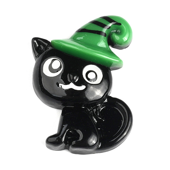 Halloween Theme Opaque Resin Cabochons, for Jewelry Making, Black Cat with Magic Hat, Flat Back