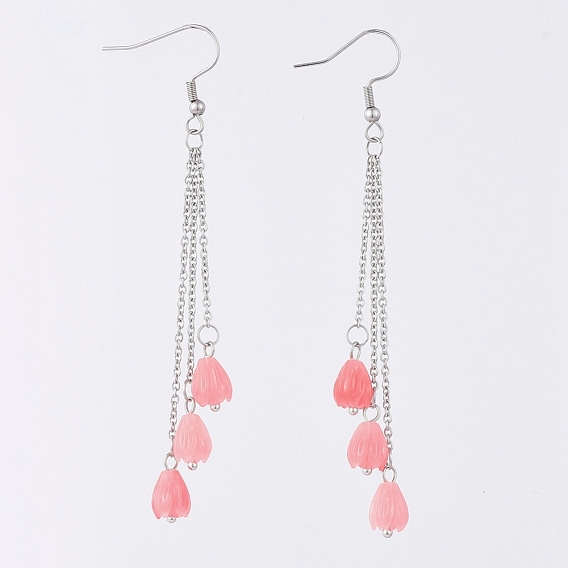 Synthetic Coral Tassels Dangle Earrings, with 304 Stainless Steel Cable Chains & Earring Hooks