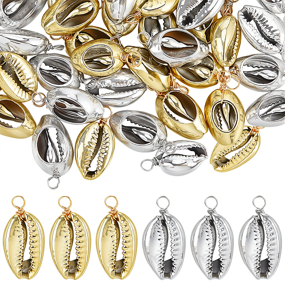 60 шт. 2 цвета гальванизированные подвески из натуральной ракушки каури, Подвески в форме ракушки с петлями из медной проволоки