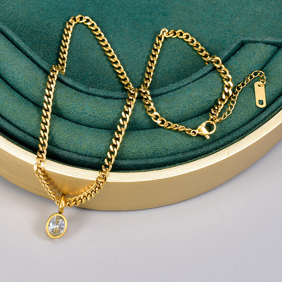 Овальные подвески из нержавеющей стали с прозрачным кубическим цирконием и комплекты браслетов-цепочек панцирного плетения