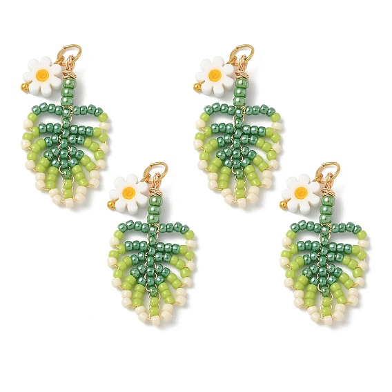 Подвески из стеклянных бусин в виде листьев, с открытыми пружинными кольцами из нержавеющей стали 304