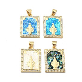 Brass Micro Pave Clear Cubic Zirconia Pendants, with Sythetic Opal, Rectangle with Goddess