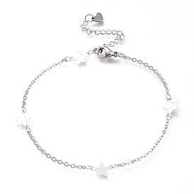 304 Stainless Steel Cable Chain Anklets, with Star Links and Lobster Claw Clasps