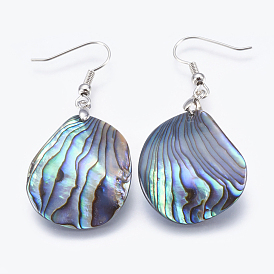 Abalone Shell/Paua Shell Dangle Earrings, with Brass Findings, Drop, Platinum