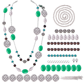DIY Necklace Making, with Flat Round Tibetan Style Alloy Filigree Joiners, Gemstone Bead, Alloy Bead, Glass Bead and Iron Cable Chains