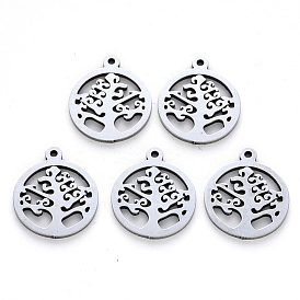 201 Stainless Steel Pendants, Laser Cut, Round Ring with Tree