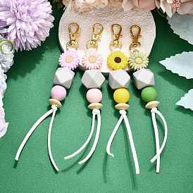 Sunflower Silicone & Natural Wood Beads Pendant Decorations, with Alloy Swivel Lobster Claw Clasps and Faux Suede Cord