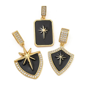 Rack Plating Brass Micro Pave Clear Cubic Zirconia North Star European Dangle Charms, Black Enamel Large Hole Pendants, Real 18K Gold Plated, Long-Lasting Plated, Shield/Rectangle