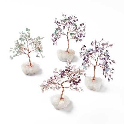 Natural Gemstone Chips & Round Beads and Natural Quartz Crystal Pedestal Display Decorations, with Rose Gold Plated Brass Wires, Lucky Tree