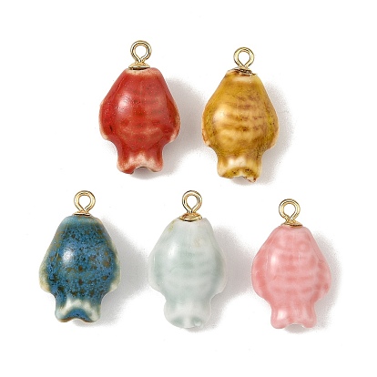 Handmade Porcelain Pendants, with 201 Stainless Steel Findings, Fish Charms, Golden