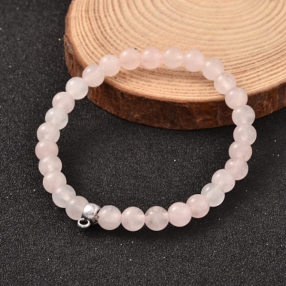 Round Natural Gemstone Beaded Stretch Bracelets, with Antique Silver Plated Alloy Tube Bails