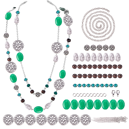 DIY Necklace Making, with Flat Round Tibetan Style Alloy Filigree Joiners, Gemstone Bead, Alloy Bead, Glass Bead and Iron Cable Chains