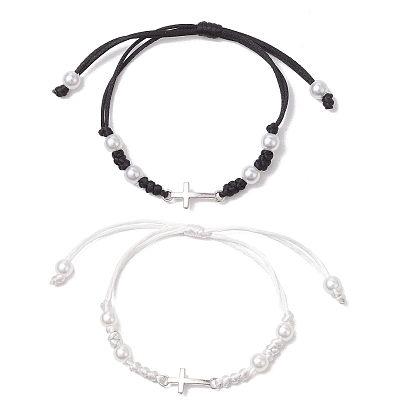 Браслеты из сплава с крестообразными звеньями, вощеные нейлоновые регулируемые браслеты для парной дружбы, с абс пластиковой имитации жемчужина круглые бусины