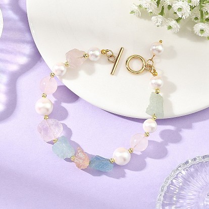 Raw Rough Natural Rose Quartz & Morganite Beaded Bracelets for Women, with 304 Stainless Steel Toggle Clasps and Shell Pearl
