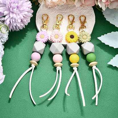 Sunflower Silicone & Natural Wood Beads Pendant Decorations, with Alloy Swivel Lobster Claw Clasps and Faux Suede Cord