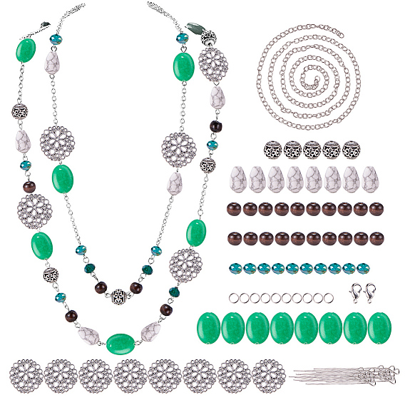 DIY Necklace Making, with Flat Round Tibetan Style Alloy Filigree Joiners, Gemstone Bead, Alloy Bead, Glass Bead and Iron Cable Chains