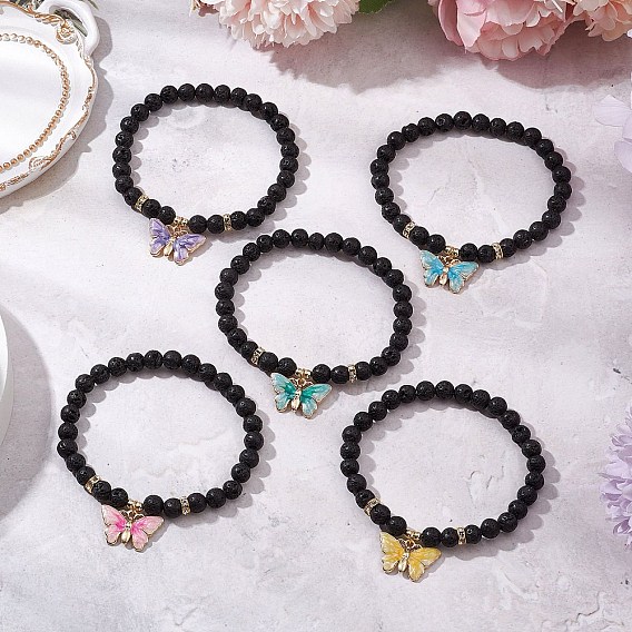 Круглые бусины из натуральной лавы, эластичные браслеты для женщин, с подвесками в виде бабочки