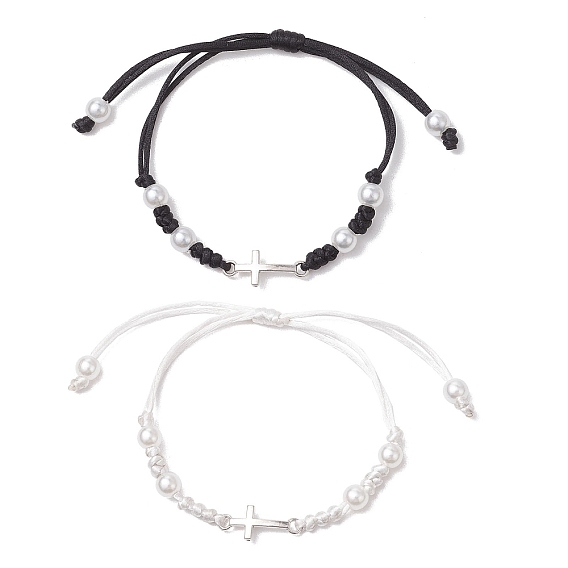 Браслеты из сплава с крестообразными звеньями, вощеные нейлоновые регулируемые браслеты для парной дружбы, с абс пластиковой имитации жемчужина круглые бусины