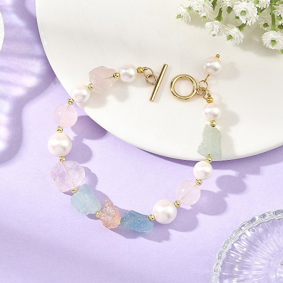 Raw Rough Natural Rose Quartz & Morganite Beaded Bracelets for Women, with 304 Stainless Steel Toggle Clasps and Shell Pearl